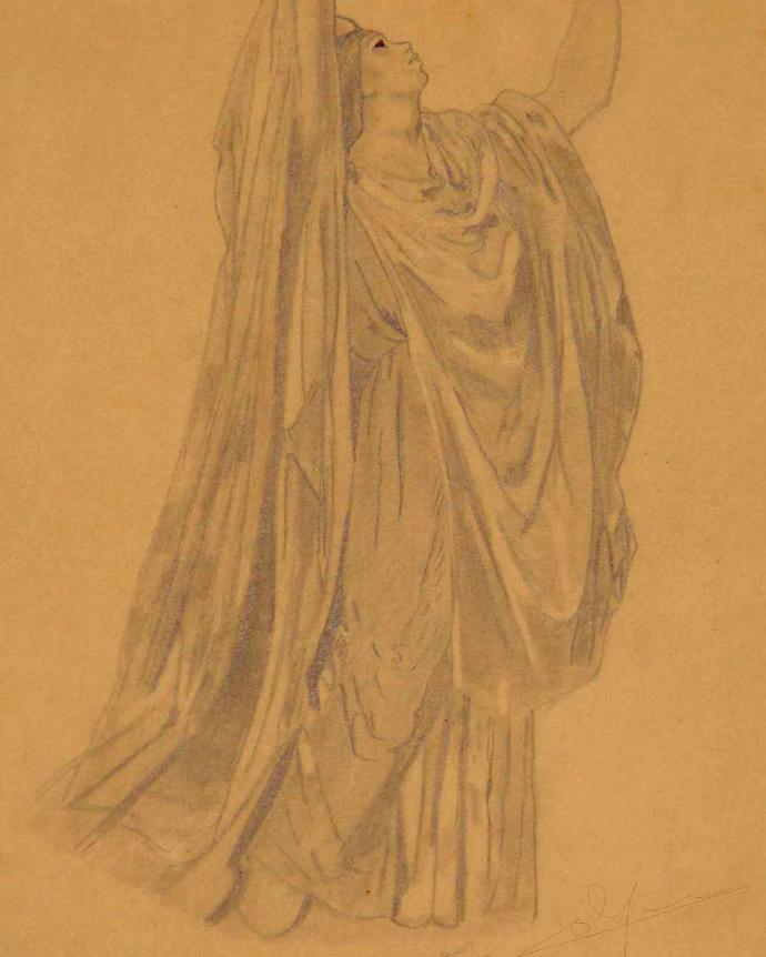 Un croquis représente un personnage drapé dans un tissu fluide, tendu vers le haut avec un bras tendu. Le personnage regarde attentivement dans la direction où il se dirige. Le dessin est réalisé au crayon doux sur du papier beige, mettant en valeur les plis complexes du tissu.