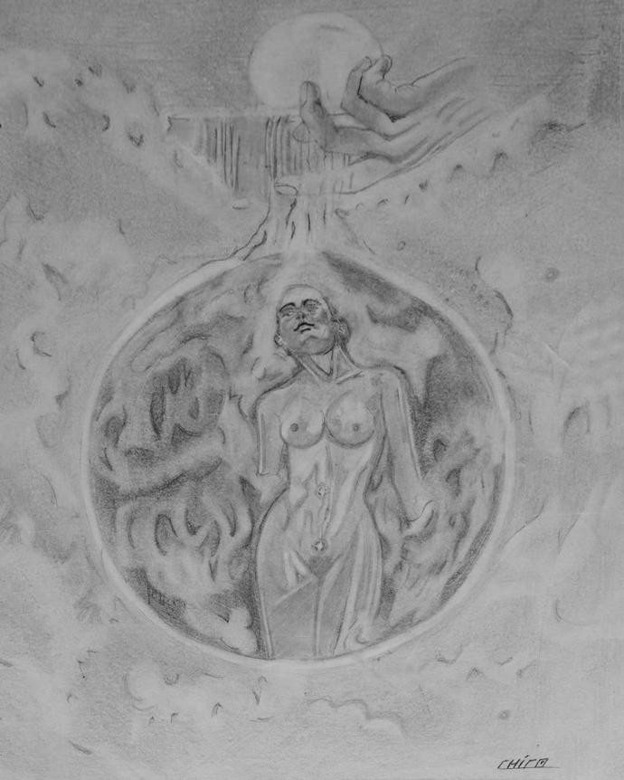 Un dessin en niveaux de gris représente une femme nue debout à l’intérieur d’une sphère entourée de flammes. Au-dessus de la sphère, une autre figure féminine s'incline et verse de l'eau sur l'orbe de feu. Une pleine lune est visible en arrière-plan, ajoutant une atmosphère mystique à la scène.