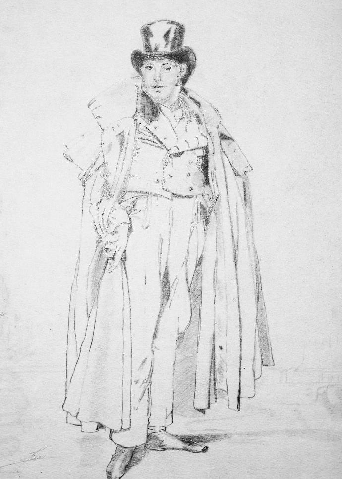 Un croquis au crayon d'une personne debout dans une pose confiante. La personne est vêtue d'une tenue du XIXe siècle avec un haut-de-forme, un long pardessus, un gilet ajusté et un pantalon. Une main tient le manteau ouvert, exposant les couches de vêtements en dessous.