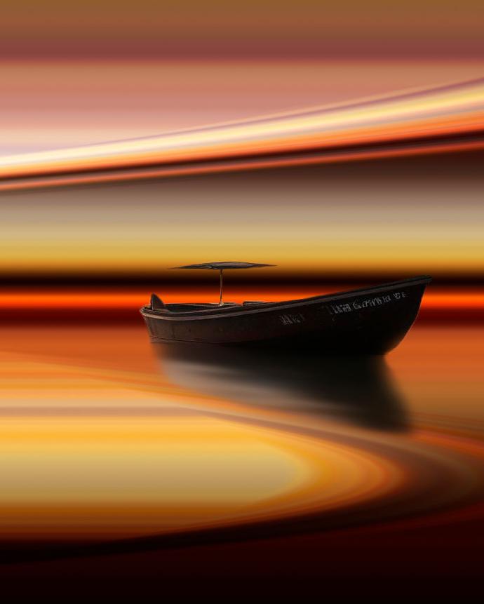 Un petit bateau en bois avec un auvent flotte sereinement sur une eau calme et réfléchissante, entouré d'un ciel coucher de soleil vibrant et surréaliste dans des tons orange, jaune et rouge, créant une atmosphère tranquille et onirique.